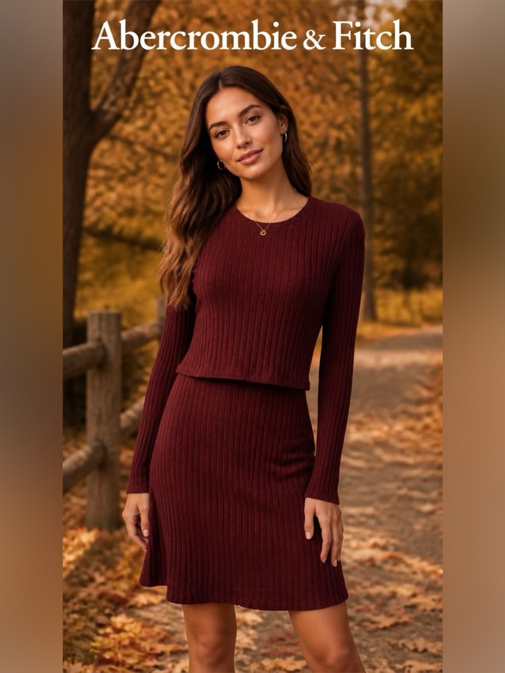Abercrombie & Fitch Ribbed Long-Sleeve Dress in Burgundy